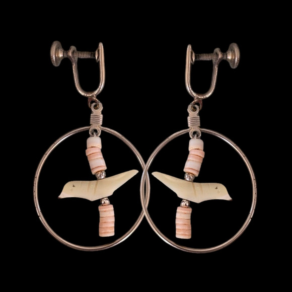 Vintage Silver Bird Hoop Earrings shell fetish screw-back - Picture 1 of 3